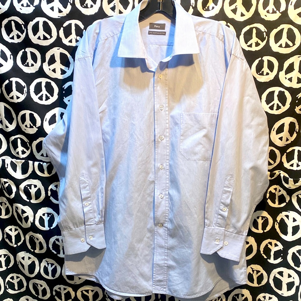 MEN PERA 2-PLY EGYPTIAN COTTON PINSTRIPE LONG SLEEVE DRESS SHIRT BLUE/WHITE
